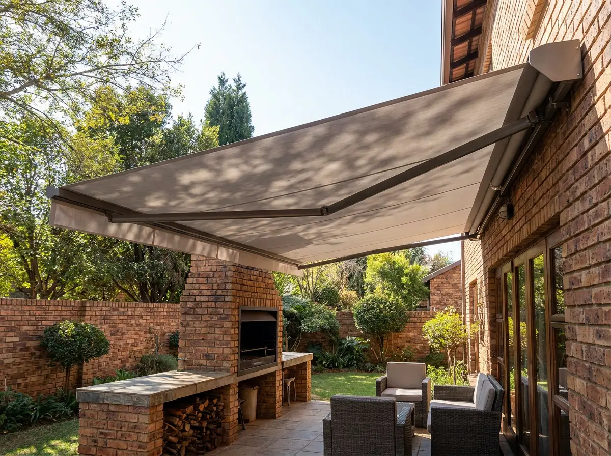 Folding-arm awning shading a braai patio at a Waverley family home, Johannesburg