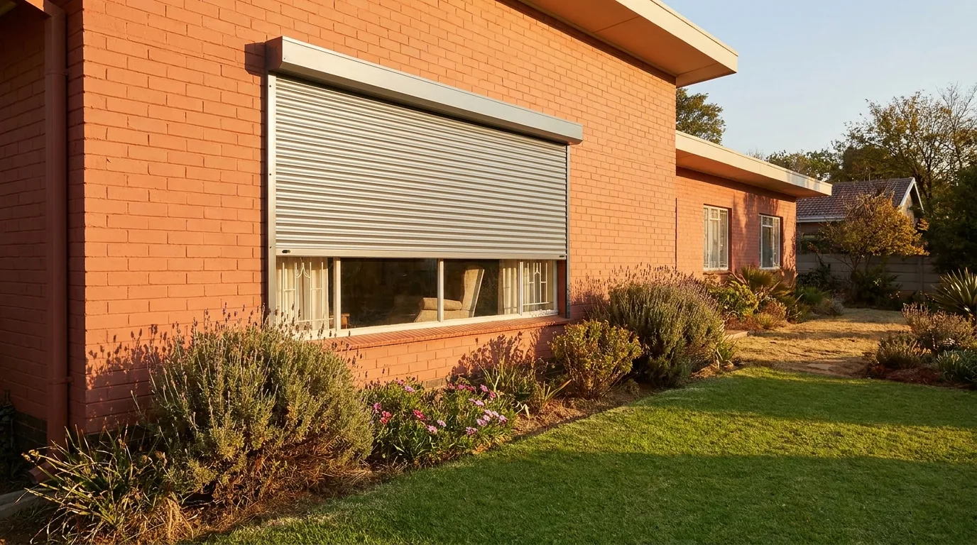 An external aluminium roller shutter half lowered outside a west-facing living room window of a face-brick Waverley home, its rigid horizontal slats and slim headbox mounted on the outside of the wall