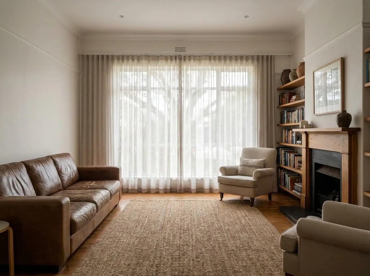Sheer curtains on a motorised curtain track across a Waverley lounge window, Johannesburg