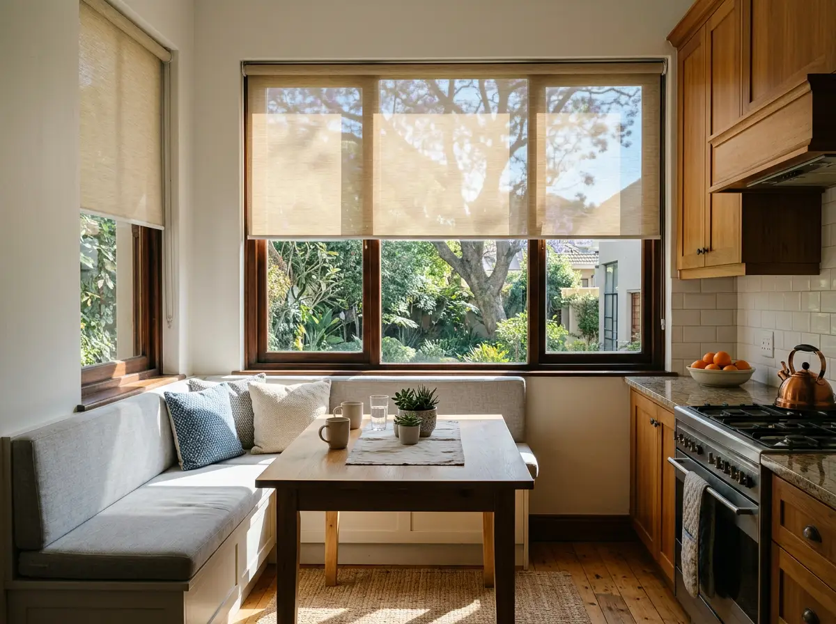 Sunscreen roller blind filtering midday highveld sun over a Waverley kitchen breakfast nook, Johannesburg