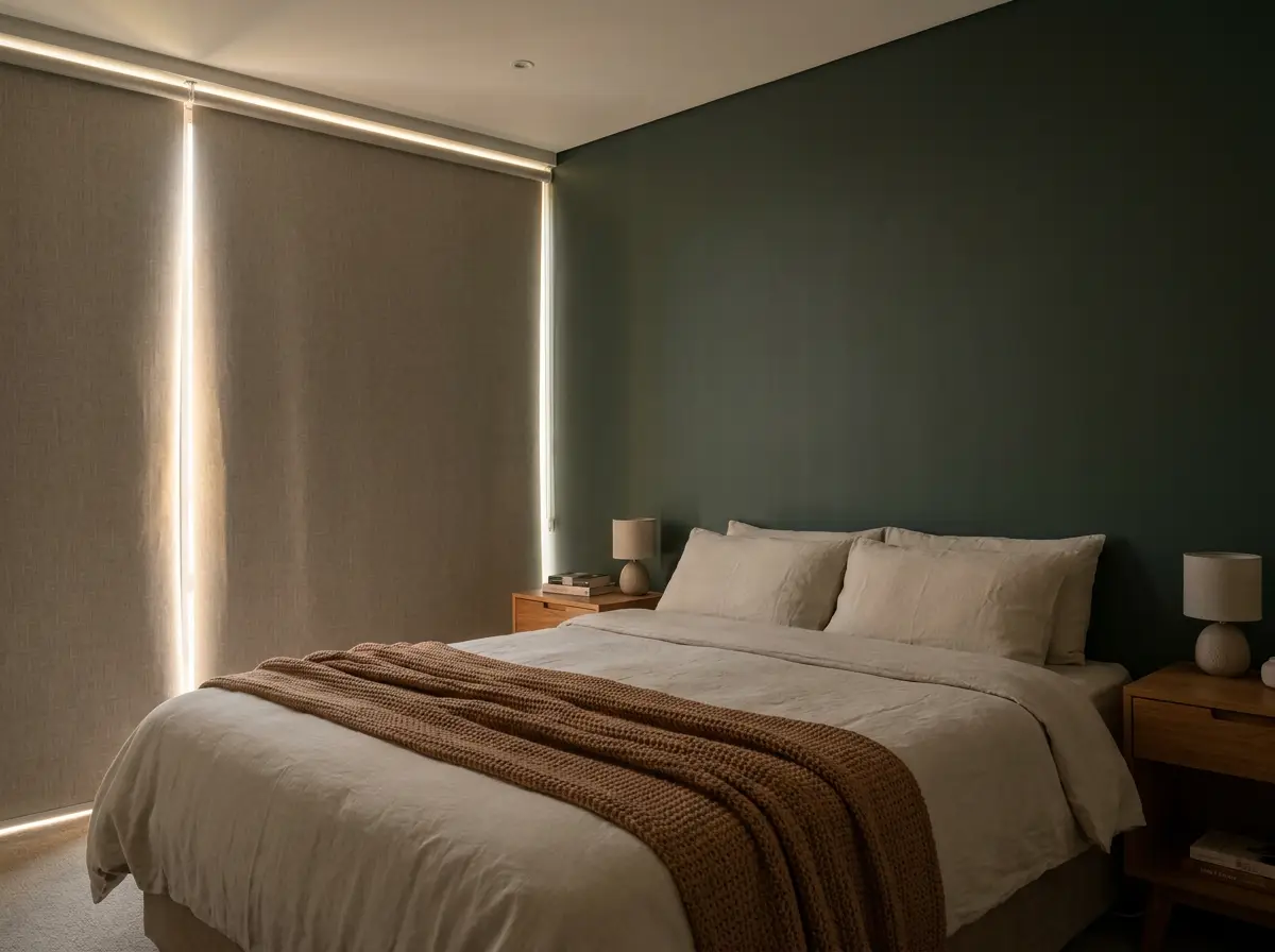 Blockout roller blinds drawn in a calm main bedroom, only a thin edge of daylight at the frame
