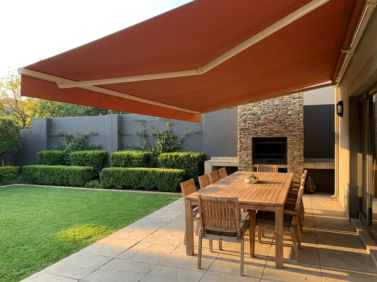 Outdoor patio awning shading a family braai area