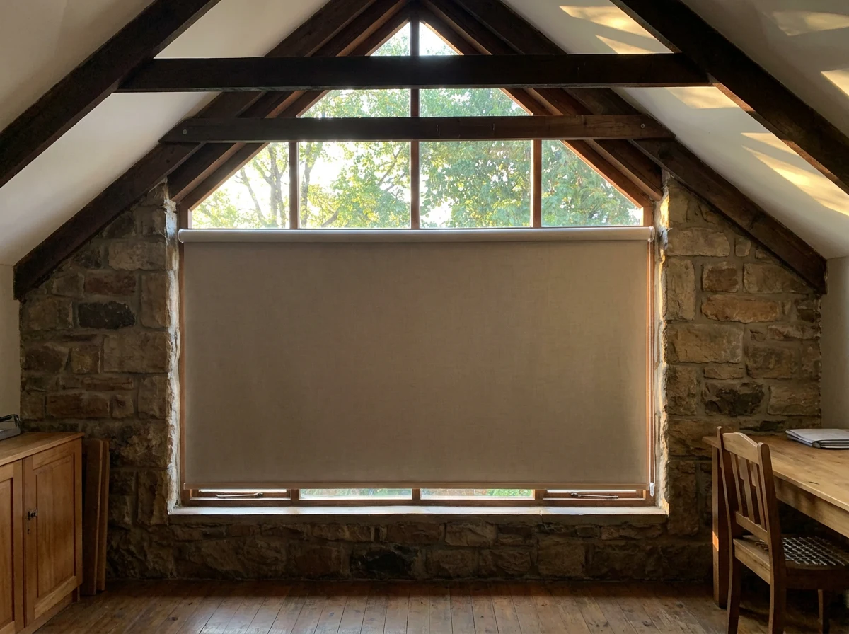 Flat roller blind fitted to the lower section of a triangular gable window in an older Waverley home, Johannesburg