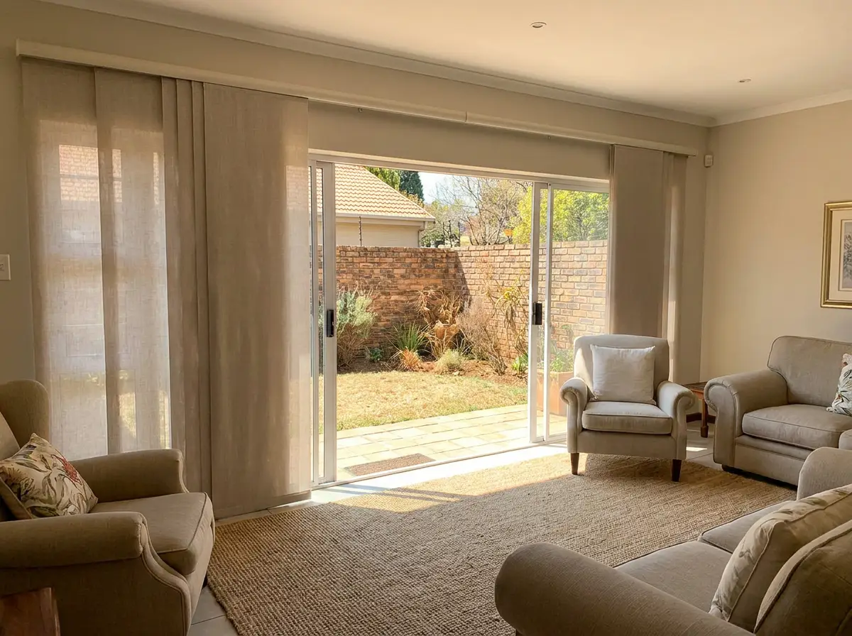 Vertical panel blinds on wide sliding doors opening onto a Waverley back garden, Johannesburg