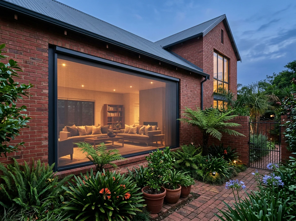 Outdoor zip screen lowered across a large patio opening on a red-brick Waverley home at dusk, Johannesburg
